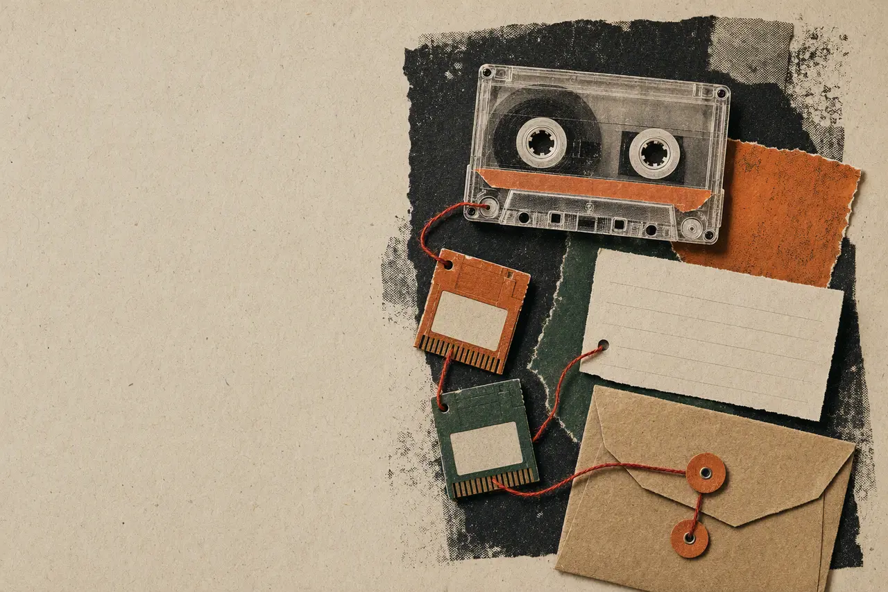 A translucent cassette, two abstract save cartridges, and an archival envelope connected by red thread